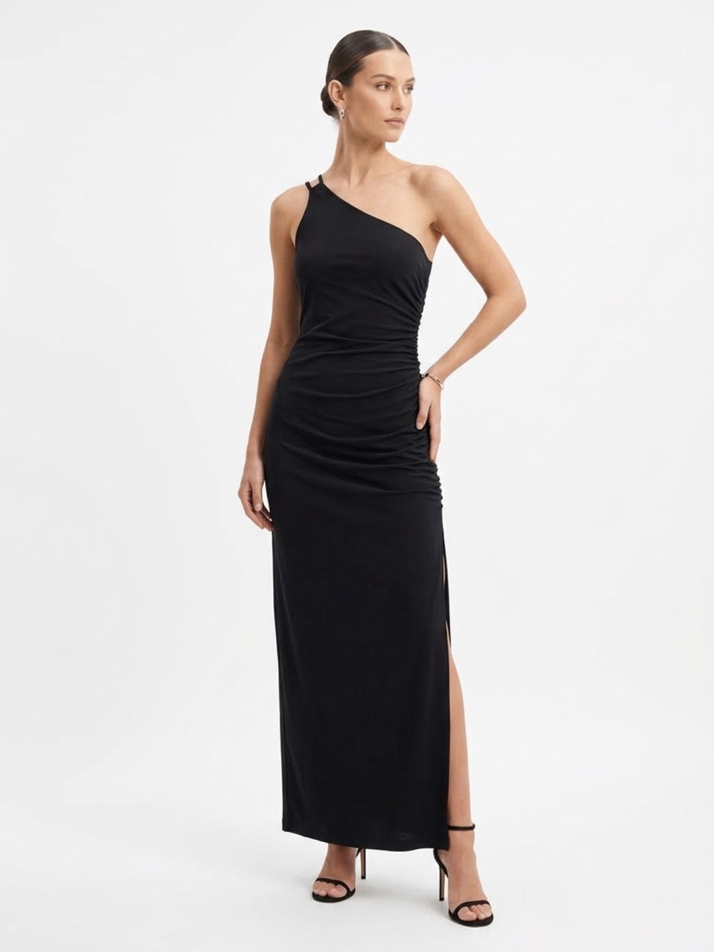 Y2K Whimsigoth One Shoulder Ruched Maxi Dress High Slit Sexy Slinky Minimalist